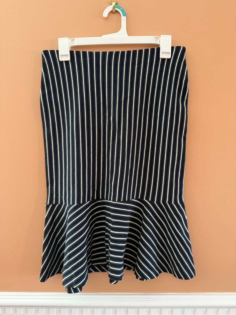 Ann Taylor Navy, White, and Green Striped Pencil Skirt with Flounce Hem